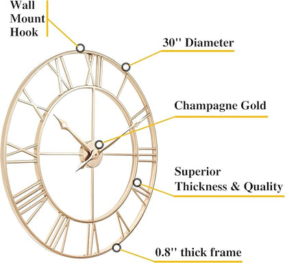 CLXEAST Champagne Gold 30 Inch Wall Clock, Large Modern Metal Roman Numeral - Image 2