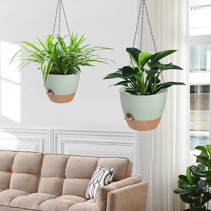3 Pack Hanging Planter Indoor Outdoor Flower Pots 7/6.5/5 Inch, Self-Watering Hanging Pot with Drainage Holes Hanging Baskets Holder Plant Pots for Garden (Green)