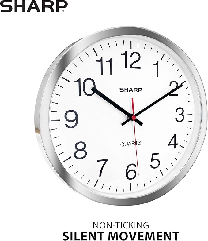 Sharp Wall Clock – Silver/Chrome, Silent Non Ticking 10 Inch Quality Quartz - Image 2