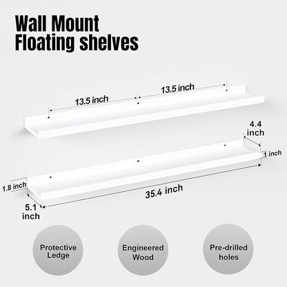 Boswillon 36 Inches Long Floating Shelves Wall Mounted, 2 Set Modern White Shelf - Image 3