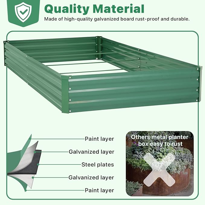 ONCEMORE Galvanized Raised Garden Bed for Vegetables Flowers Herbs, Metal Raised Garden Bed Kit with 2 PCS Tomato Cage, Gloves, Trellis Netting, Plant Labels, Plant Ties, Green 8×4×1FT