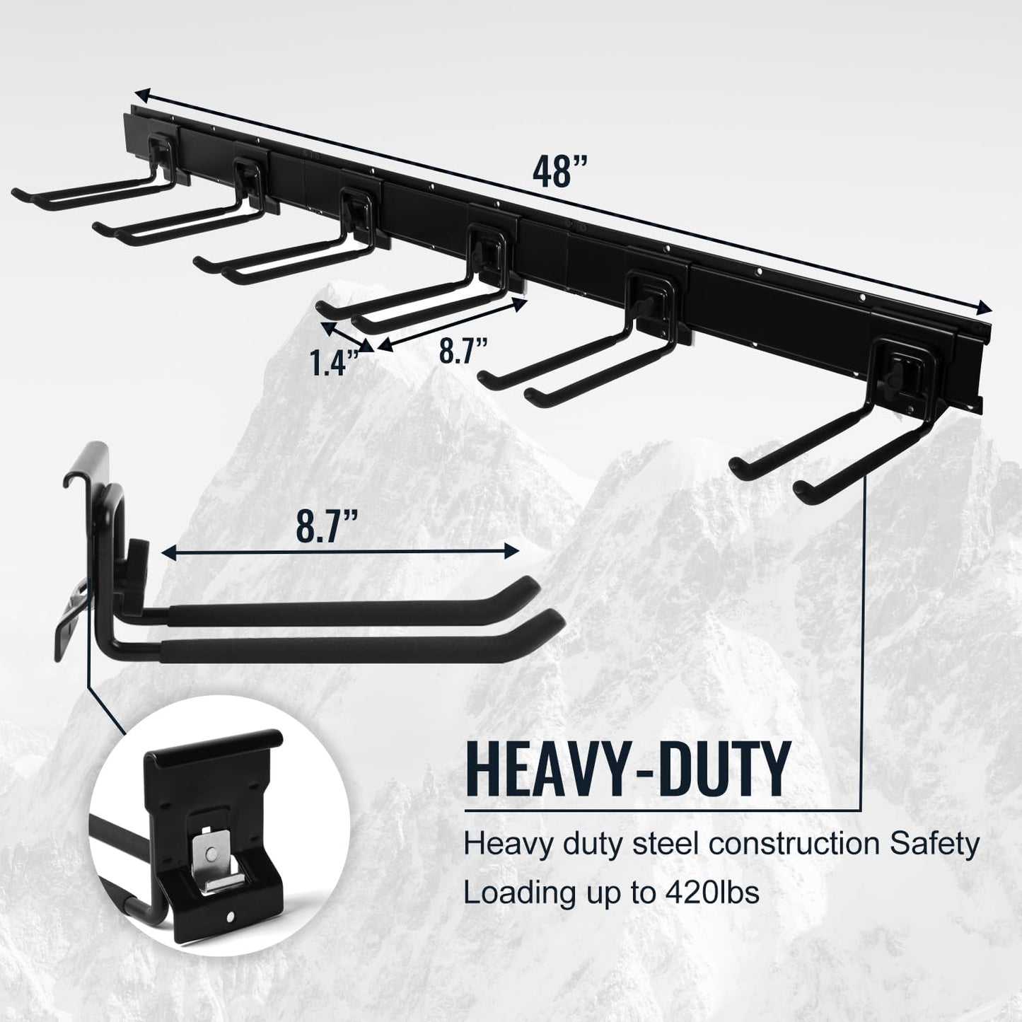 Locking Garden Tool Organizer, Garage Organization Wall Mount Storage Rack, Heavy Duty Metal Yard Tool Organizer, Adjustable Hanging Hooks, Hold Up to 420lbs (48Inch Black)