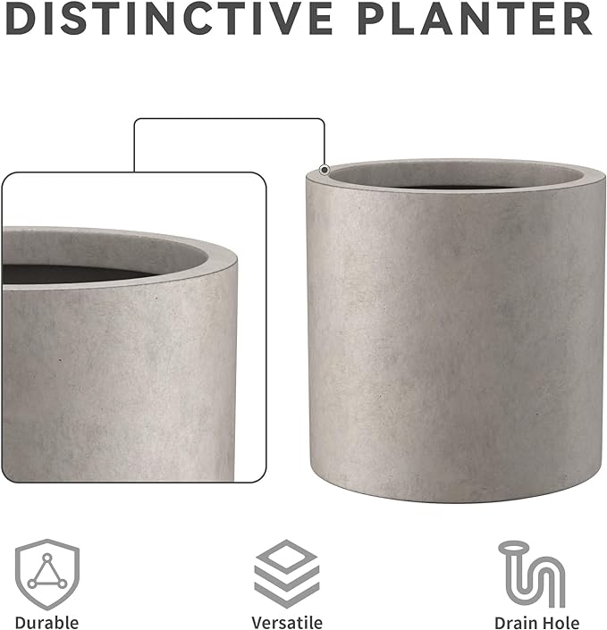 Kante 12.6" Dia Round Concrete Planter, Modern Style Large Cylindrical Plant Pot with Drainage Hole and Rubber Plug for Indoor Outdoor Patio, Weathered Concrete