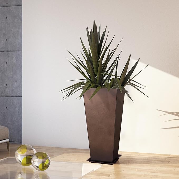 KOL 25''H. Tall Galvanized Steel Planter with Saucer, Set of 2, Planter Pots with Drainage Hole for Indoor & Outdoor Use, Decorative Flower Plant Pots for Front Porch, Patio, Deck - Rust Color