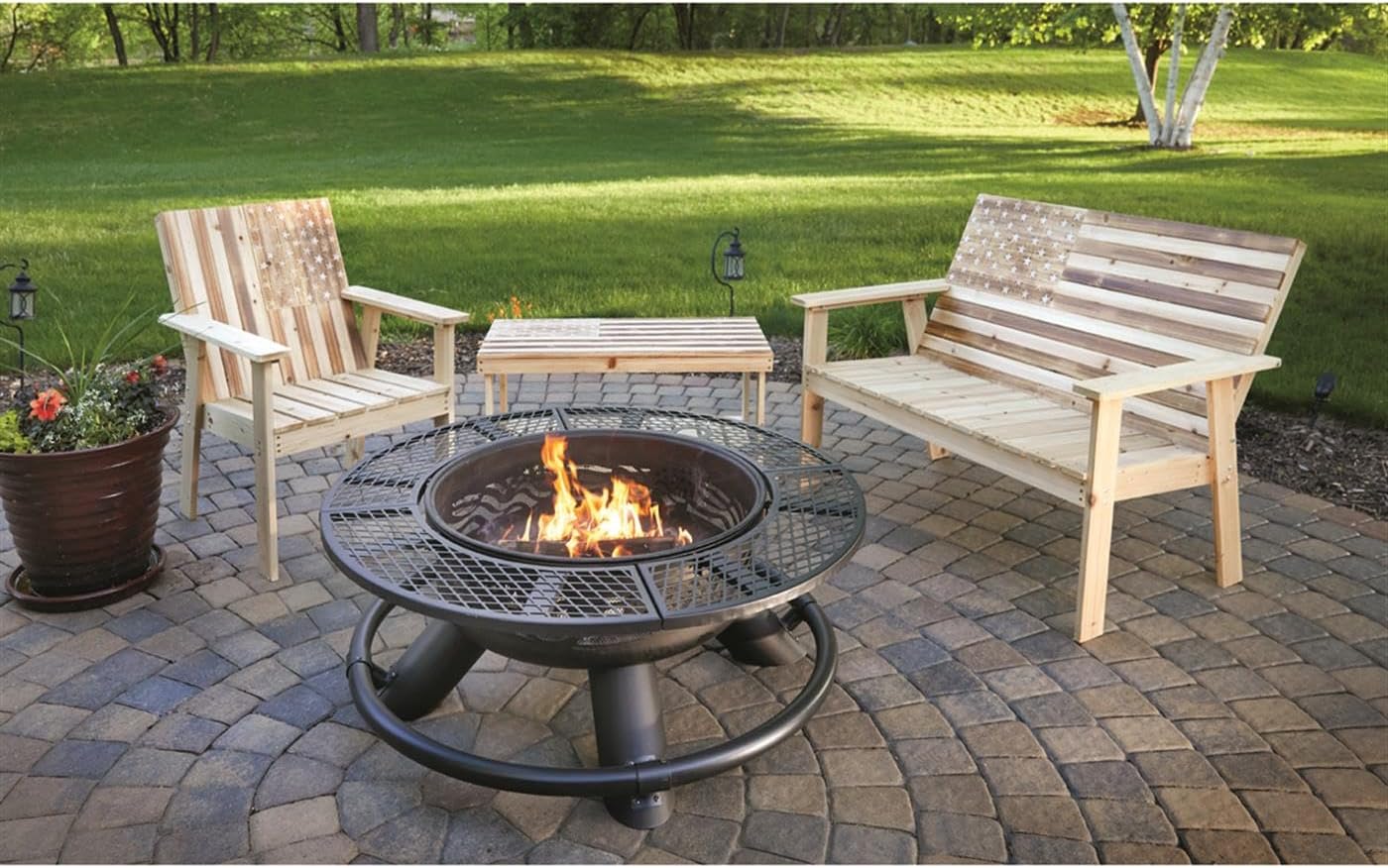 Castlecreek 47" Fire Pit BBQ Grill Outdoor Wood Burning Steel Log Firepit for Camping, Grilling, Smores, Yard, Cooking Outside, Barbecue, Bonfire Flag