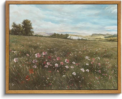 OIQArtOIQ Vintage Landscape Framed Wall Art Summer Countryside Wildflower by OIQArtOIQ