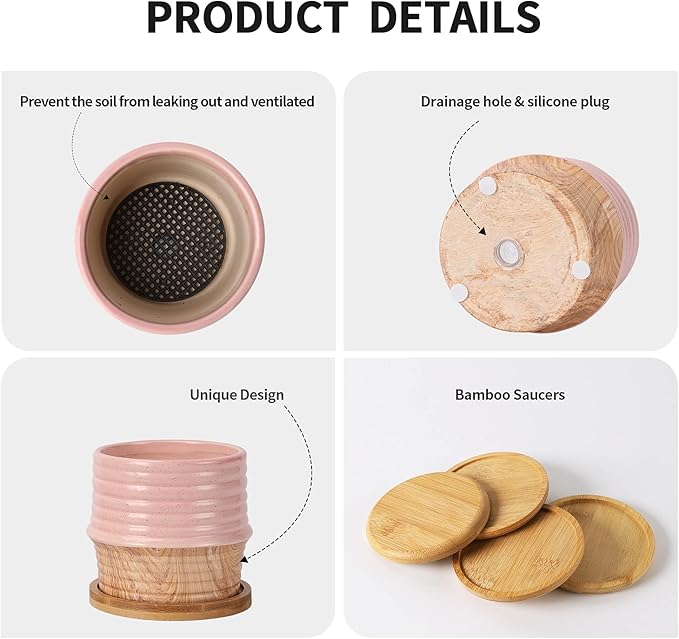 OMAYKEY 4 Inch Ceramic Plant Pot with Saucer, Water Transfer Printing Grain Planters Pots with Drainage Hole & Mesh Pads for Succulent, Indoor Flowers, Snake Plants, Cactus, Herbs, Set of 4