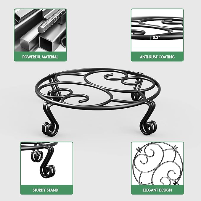 Yimobra 4 Pack Plant Stand for Flower Pot Heavy Duty Potted Holder Indoor Outdoor Metal Rustproof Iron Garden Container Round Supports Rack for Planter (4PC Black 11.8 x 3.1IN)