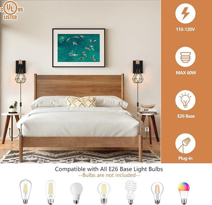 Lomoky Plug in Wall Sconces Set of Two, Vintage Wood Wall Lamps - Image 3