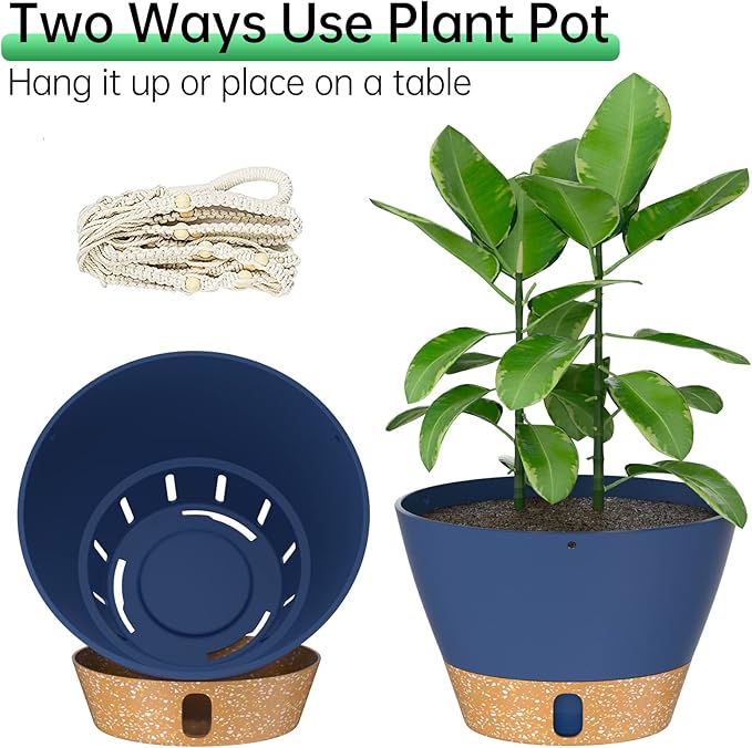 ZMTECH 2 Pack 8 Inch Blue Hanging Planters with Macrame Plant Hanger for Indoor and Outdoor Plants, Self Watering, Drainage Hole, Visible Level Tray