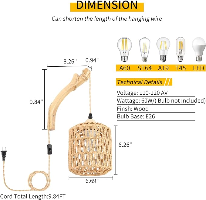 Frideko Rattan Wall Lamp with Plug in Cord Hand Woven Plug in Wall Sconces - Image 4