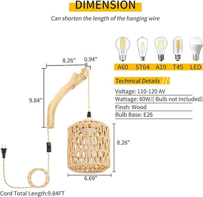 Frideko Rattan Wall Lamp with Plug in Cord Hand Woven Plug in Wall Sconces - Image 4