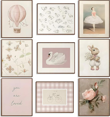 9pcs Nursery Pink Wall Art Baby Girl Canvas Wall Art Vintage Floral Prints Kids by Unknown