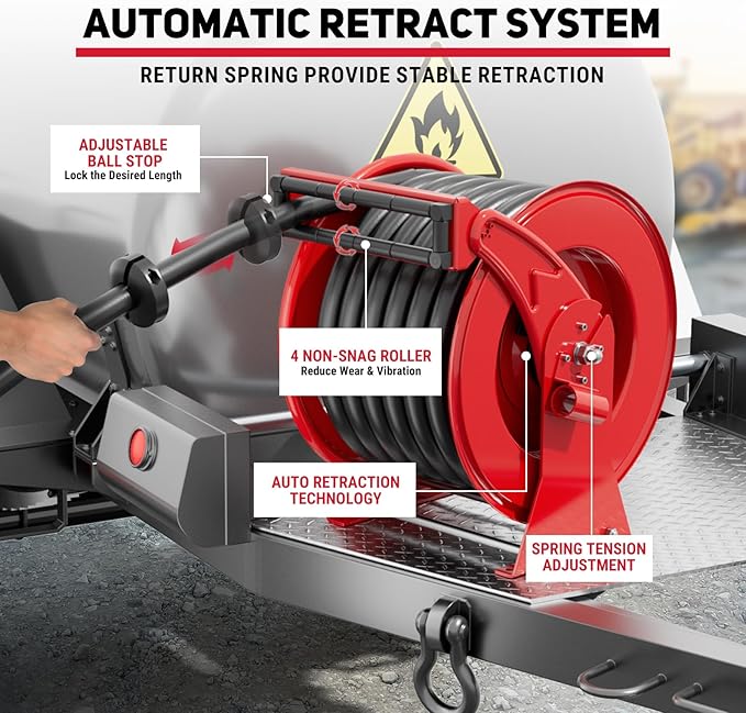 Fuel Hose Reel, Retractable 1" x 50' Extra Long Diesel Hose, 300 PSI Industrial Carbon Steel Diesel Hose Reel Auto Swivel Rewind with Fueling Nozzle for Vehicle Tank Truck Trailer Ship