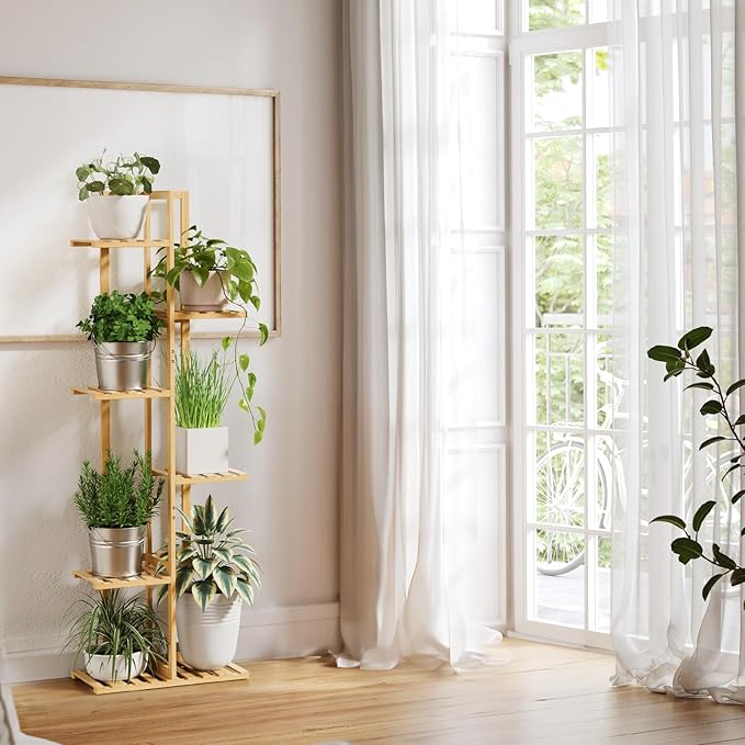 ROSSNY Plant Stand Indoor, 6 Tier 7 Potted Bamboo Plant Stands for Indoor Plants, Corner Plant Stand, Plant Shelf For Indoor, Tiered Plant Stands, 48 Inch Talll Indoor Plant Holder, Natural