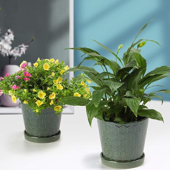 Ceramic Plant Pots,4+5+6 Inch Pots for Indoor Plants,Planters with Drainage Holes and Ceramic Tray, Indoor Flower Pots Gardening Home Desktop Office Windowsill Decoration Gift,Set of 3 (Patina)