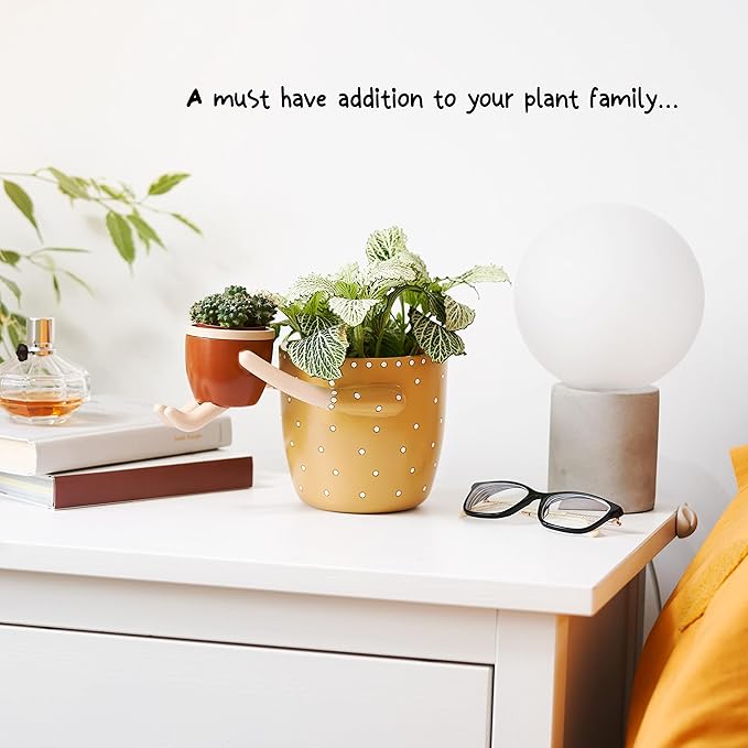 VIRTUNE Adorable Plant Pots. 5" Flower Pot & 2" Small Pot with Drainage. Gifts for Plant Lovers, Indoor Planters, Small Plant Pots, Cute Pots (Mustard)