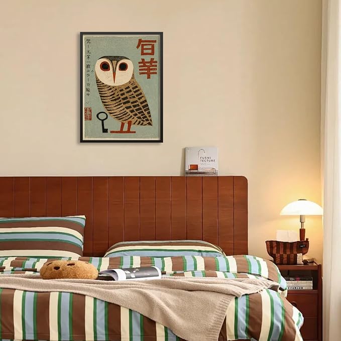Vintage Japanese Black Framed Wall Art Owl Poster Mid Century Animal Print - Image 4
