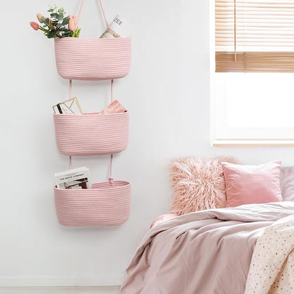 TeoKJ Over the Door Hanging Basket, 3-Tier Woven Cotton Wall-Mounted Storage - Image 4