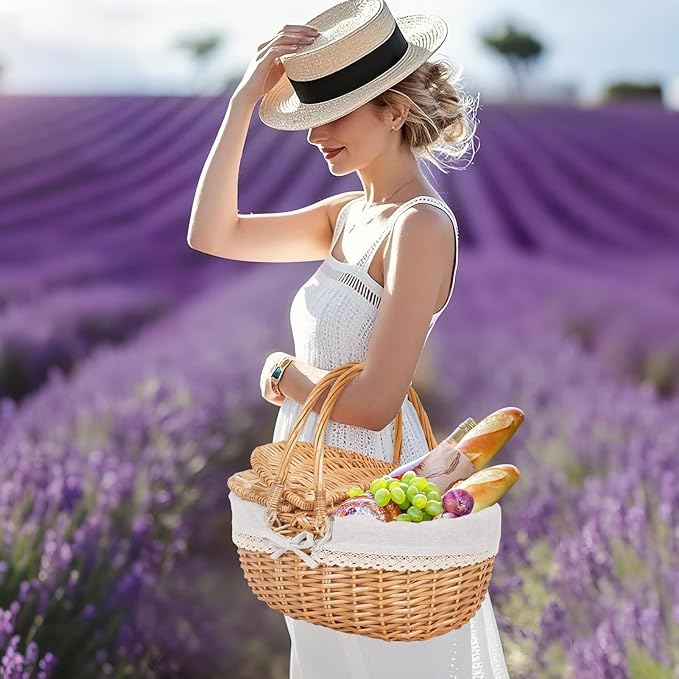 Happypicnic Wicker Picnic Basket with Handle, 15" Large Empty Picnic Basket with Lid & Removable Liner, Vintage Hand Woven Basket for Picnics, Camping, Veg Picking, Mother'S Day, Thanksgiving (Stripe)