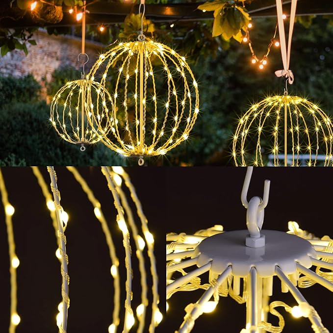 20IN Foldable Metal Frame Light Sphere - 200LED Hanging Tree and Pathway Light with Hook and Stake, UL Listed, White Frame, Warm White