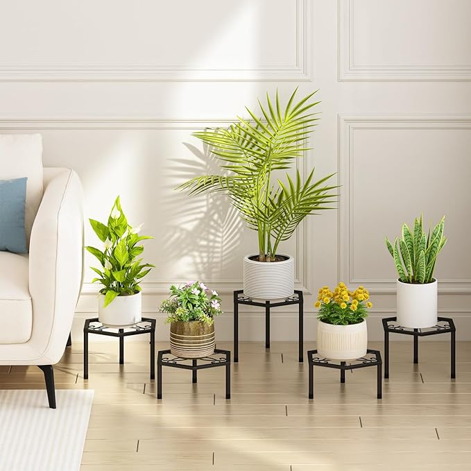 Small Metal Plant Stand indoor - 5 Pack Black Short Flower Pot Stand, Heavy Duty Anti-Rust Iron Shelf for Outdoor Home Patio Garden