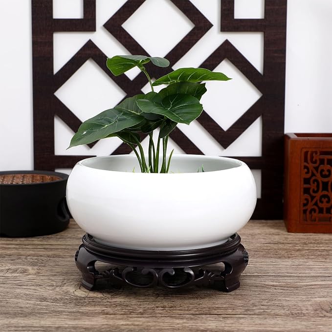 Ceramic Chinese Pot with Base White Water Lily Bowl 6Inch Porcelain Lotus Pot Jardiniere Planter Oriental Fish Bowl Bonsai Vase