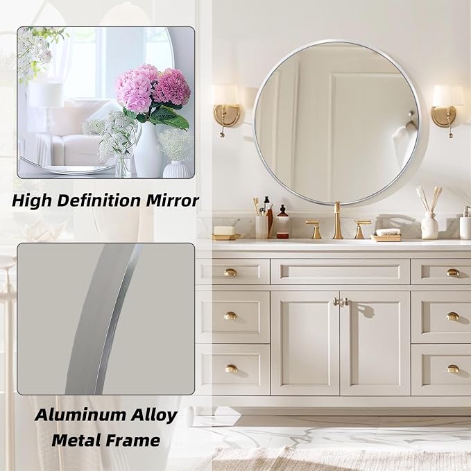 Round Silver Mirror, 24 Inch Circle Silver Mirror, Metal Frame Round Wall - Image 2