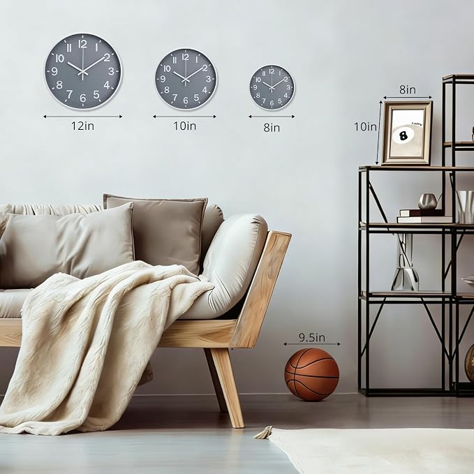 Wall Clock 12 Inch Grey Modern Simple Quartz Decorative Clock Non-Ticking - Image 3