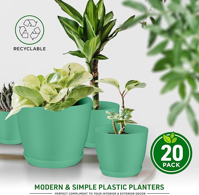 Planter Pots with Drainage Holes - Lightweight, Durable, & Space-Saving Pots for Indoor and Outdoor - Versatile Functionality, Simple Modern Design, Set of 20 Plastic Planter Pots Mint