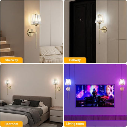 Crystal Battery Operated Wall Sconces Set of 2, Brass Rechargeable Wireless - Image 8