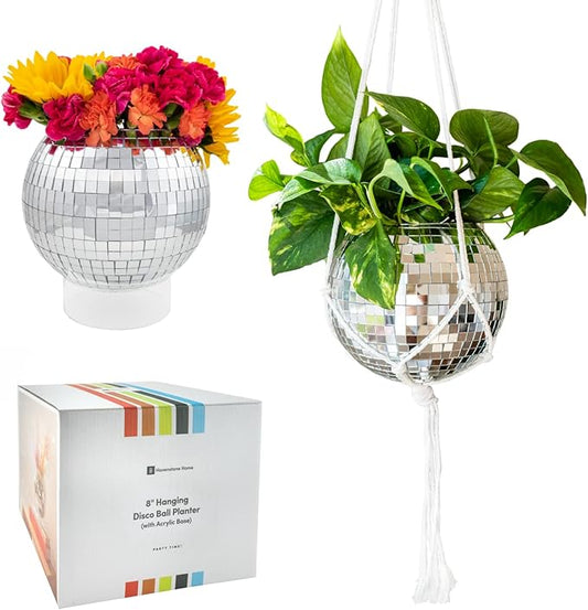Hanging Disco Ball Planter 8" - with Acrylic Stand and Macrame Plant Hanger - Home Décor, Room Décor, Patio or Boho Décor, Mirror Disco Planter, Disco Decor (8" with Base)