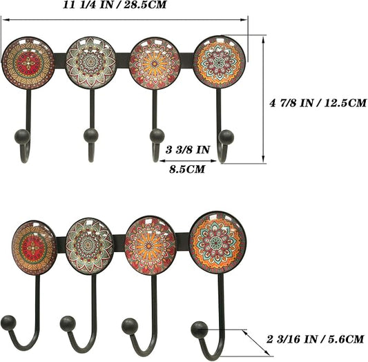 Coat Rack Wall Mounted with 4 Hooks, Round Brown Pattern Decorative Wall Hooks - Image 2