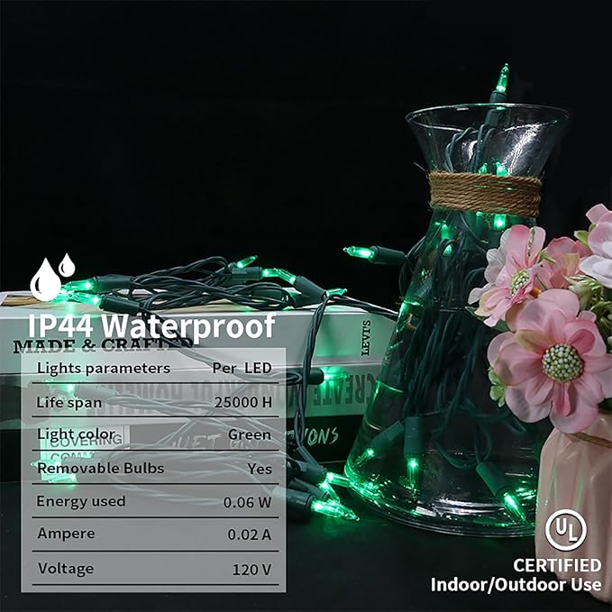 Green LED Christmas Lights - 35 Count Green Christmas String Lights for Small Tree, Crafts, Indoor and Outdoor St. Patrick's Day Decorations, 11 Feet Same Color Wire, UL Certified, Connectable