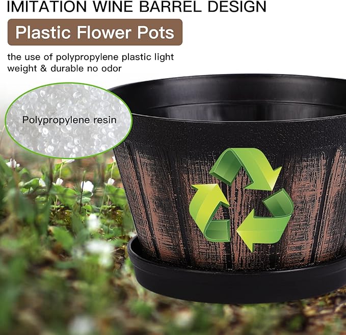 Quarut 6 inch Brown Barrel Planters with Drainage Holes & Saucer, Set of 4, Indoor & Outdoor Garden Home Plants