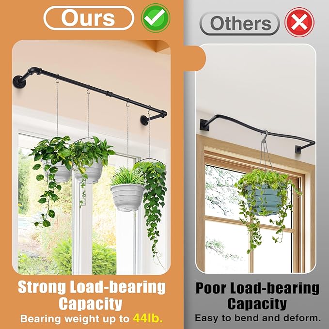 Plant Hanger Indoor, 34.2in Strong Load-Bearing Hanging Plant Holder, Window Plant Rod Black Metal Bar for Wall Ceiling Decor Shelves, 2 Pcs(Pot Chain & Plant Not Included)
