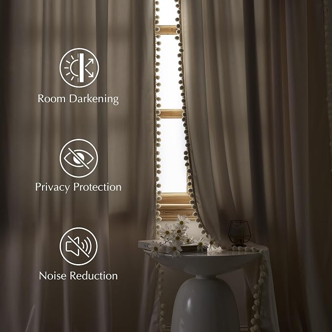 NICETOWN Cute Pom-Pom Trim Velvet Curtains 8 ft Long, Ivory White – Delicate - Image 2