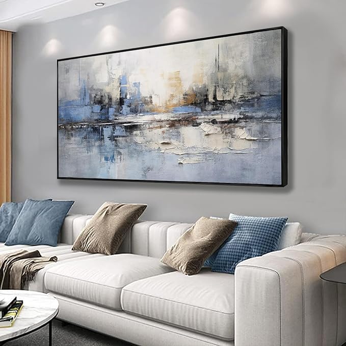 Abstract Wall Art Blue and White Reflection Large Size Framed Artwork Wall by VHMING