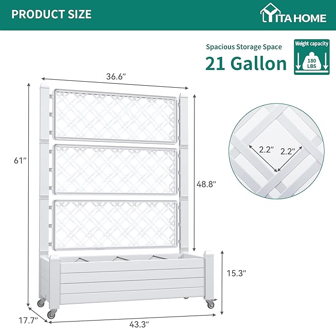 YITAHOME 3.6x1.5x5 FT Planter Box Trellis with Wheels, Large Outdoor Plastic Raised Garden Bed with Drain Plug for Climbing Plants, Grayish-White