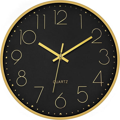 Foxtop Black Gold Wall Clock 12 Inch Silent Non-Ticking Battery Operated Round by Foxtop