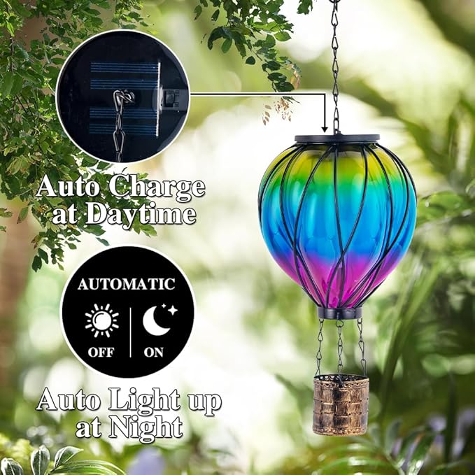 Pack of 2 Gradient Color Solar Hot Air Balloon Outdoor Lantern with Flickering Flame Hanging Outdoor Lantern Waterproof Decorative Solar Lanterns Light for Patio, Garden, Porch