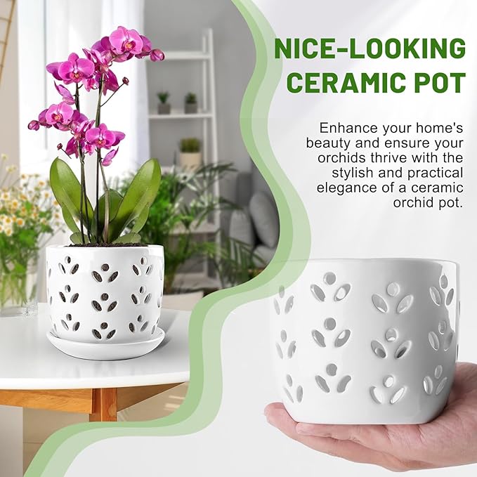 REMIAWY Orchid Pot, 2 Pack Orchid Pots with Drainage Holes and Saucer, 6 Inch and 5 Inch Large Ceramic Planter for Repotting Indoor Plants, Succulent, Decorative, Good Air Circulation, White