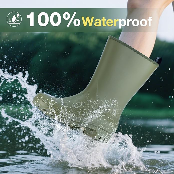 Mid Calf Rain Boots Women Waterproof PVC Womens Rubber Rain Boot Seamless Rain Footwear Outdoor Garden Work Walking