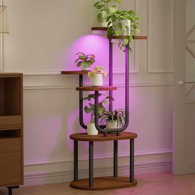 Plant Stand Indoor with Grow Lights, 6 Tier 38.6″ Tall Metal Plant Shelf for Multiple Plants, Plants Shelves Corner Flower Holder, Double U-Shape Plant Rack for Home, Living Room, Patio, Bedroom