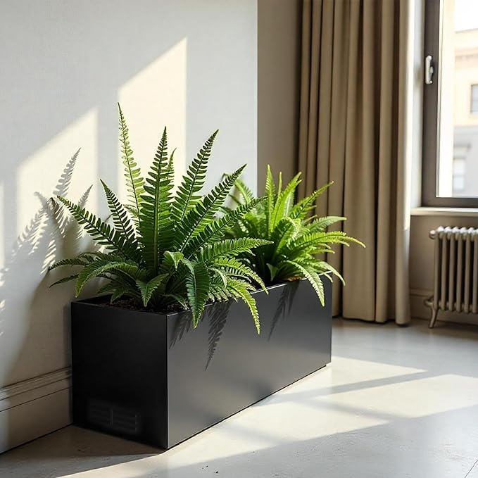 Worth Garden Metal Planter Box - 30" L x 11" W x 13" H Matte Black Heavy Duty Large Rectangular Steel Modern Plant Pot, Indoor Outdoor - Insert Plate with Drain Holes, Air Vents, No Assembly Required