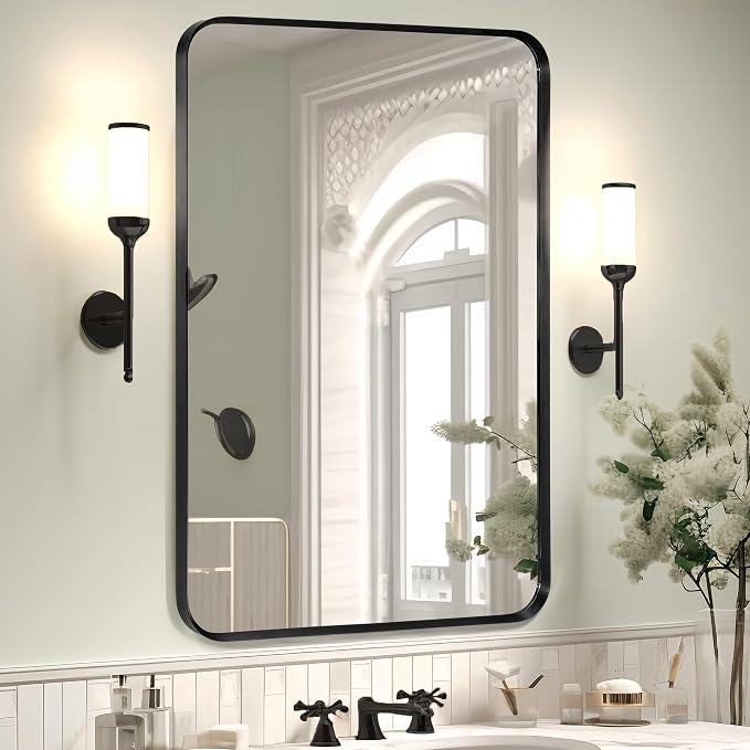 Wall Mount Mirror for Bathroom, Brushed Black Metal Framed Rounded Corner by Minuover