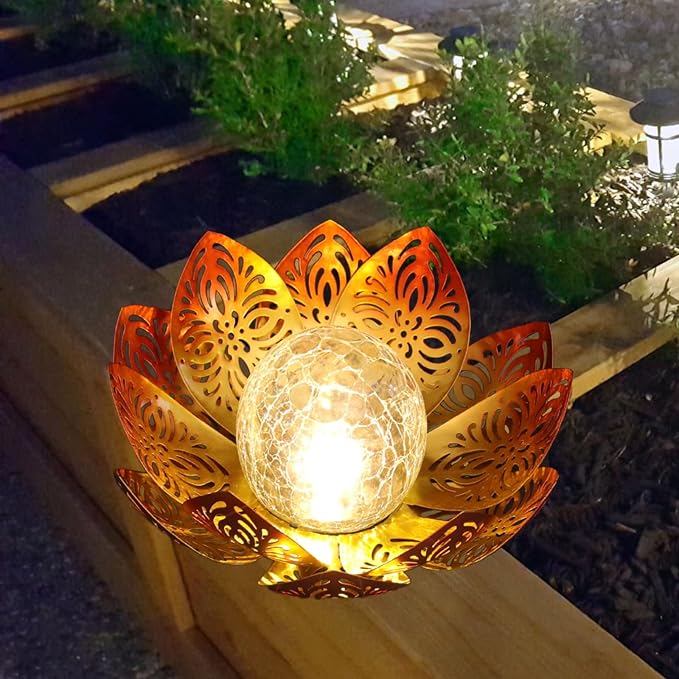 12 inches Solar Lights Outdoor Garden, Crackle Globe Glass Lotus Decoration, Waterproof LED Metal Flower Lights for Patio,Lawn,Walkway,Tabletop,Ground Gardening Gifts (Gold Hollow)