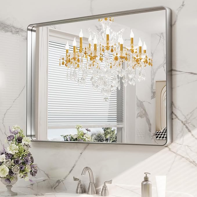 LOAAO 40X24 Inch Brushed Nickel Bathroom Mirror, Rounded Rectangle Silver Metal - Image 7
