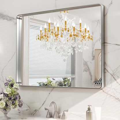 LOAAO 40X32 Inch Brushed Nickel Bathroom Mirror, Rounded Rectangle Silver Metal - Image 8