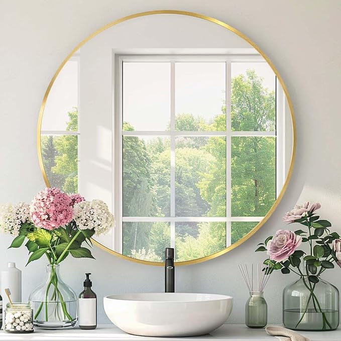 Round Gold Mirror, 24 Inch Circle Gold Mirror, Metal Frame Round Wall Mounted by Mfring